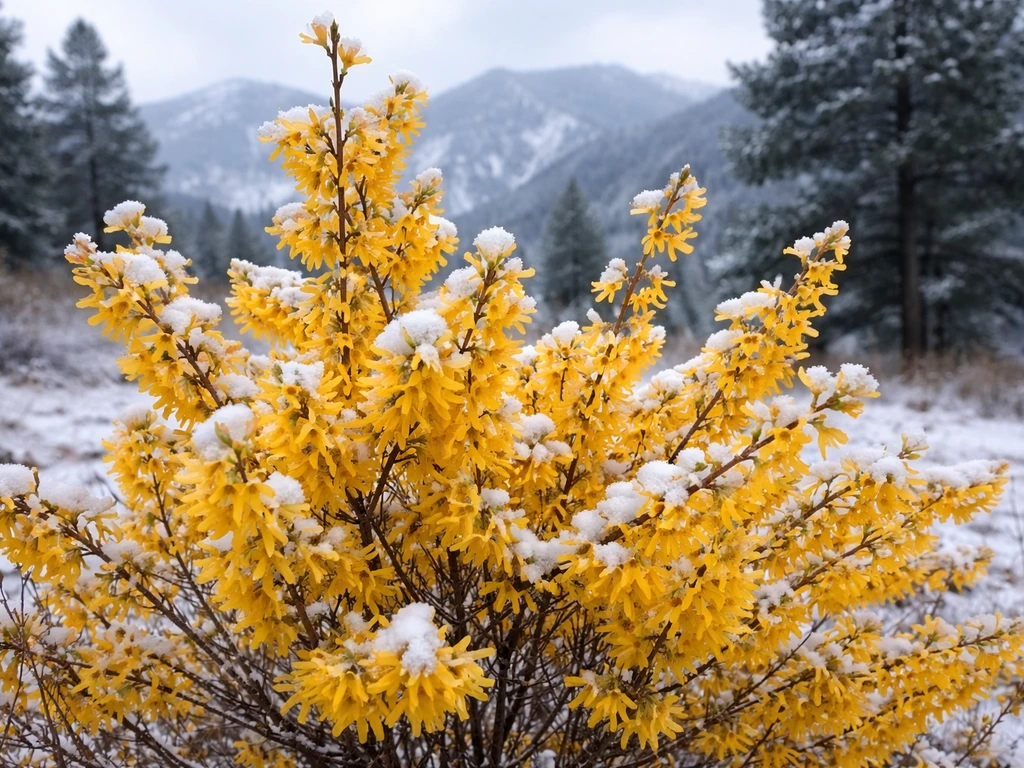 Forsythia shrub blooming with golden flowers and light snow in a Colorado winter landscape.