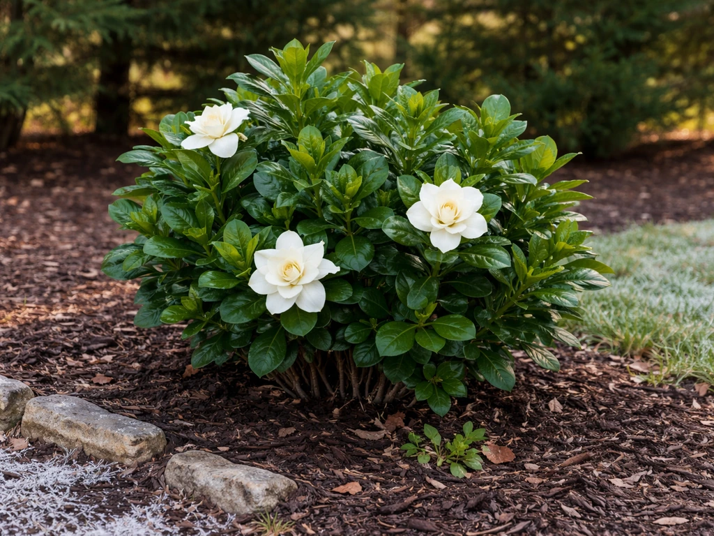 Thrive gardenia shrub in a Maryland garden bed with springlike light and muted winter-to-spring cues.