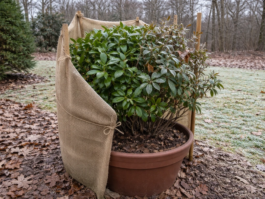 Winter gardenia shrub with frost, some wrapped for protection while other parts remain exposed.