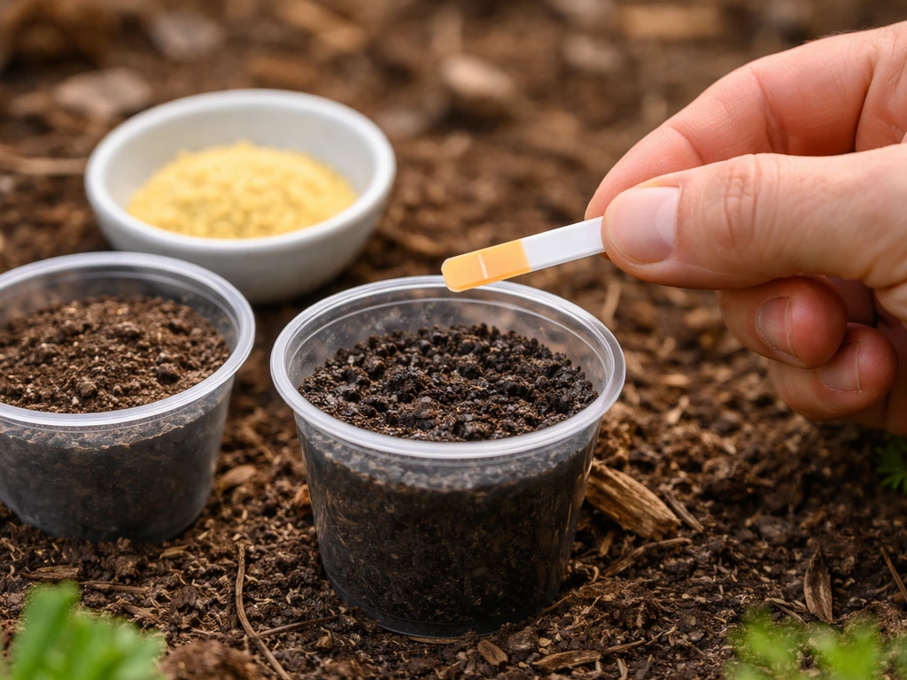 Hand holding a soil pH test strip beside a small container of dark acidic soil for garden beds.