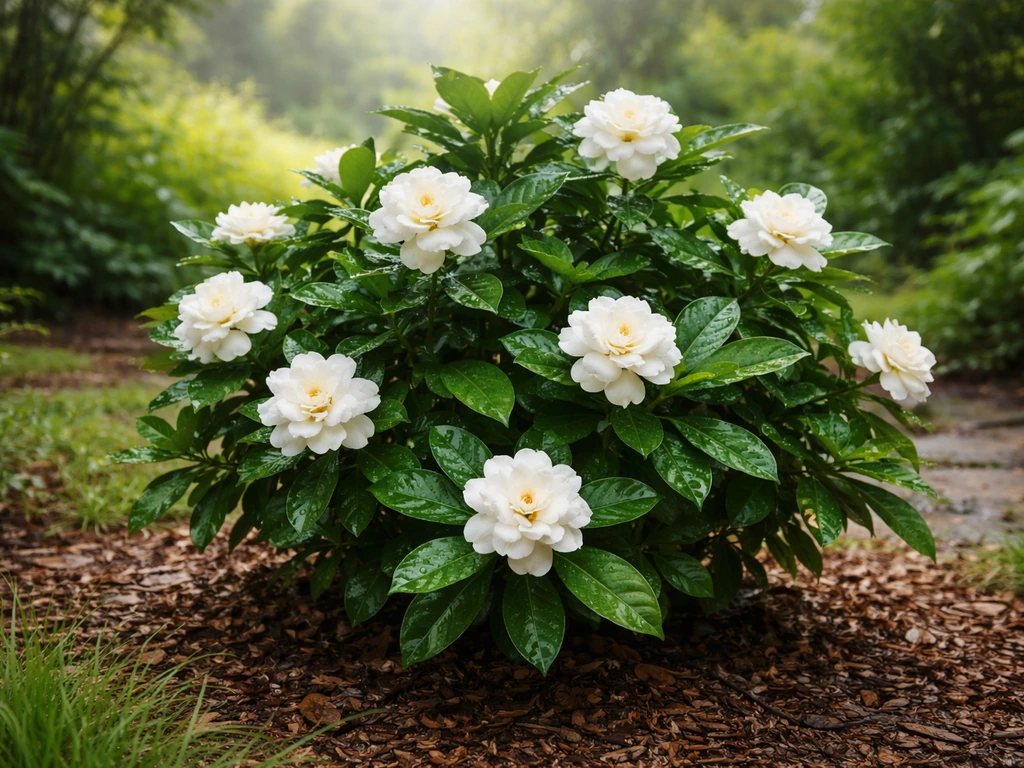 Lush gardenia shrub with white blooms and dewy leaves in a warm, humid, frost-free garden setting.
