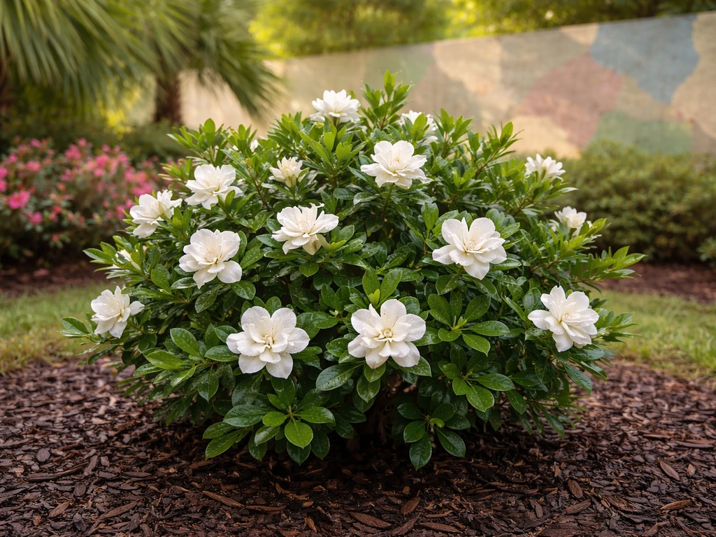Blooming gardenia shrub outdoors in a warm Gulf/Southeast garden bed with a subtle abstract zone cue behind
