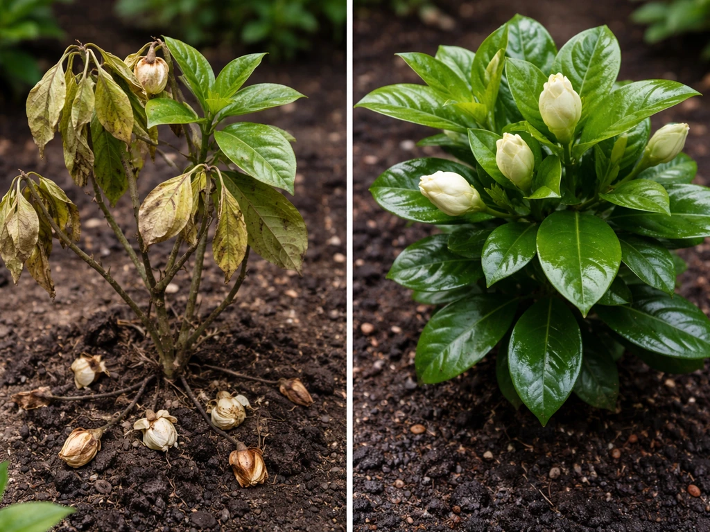 Gardenia plant showing bud drop and dull leaves beside thriving lush growth in moist conditions.