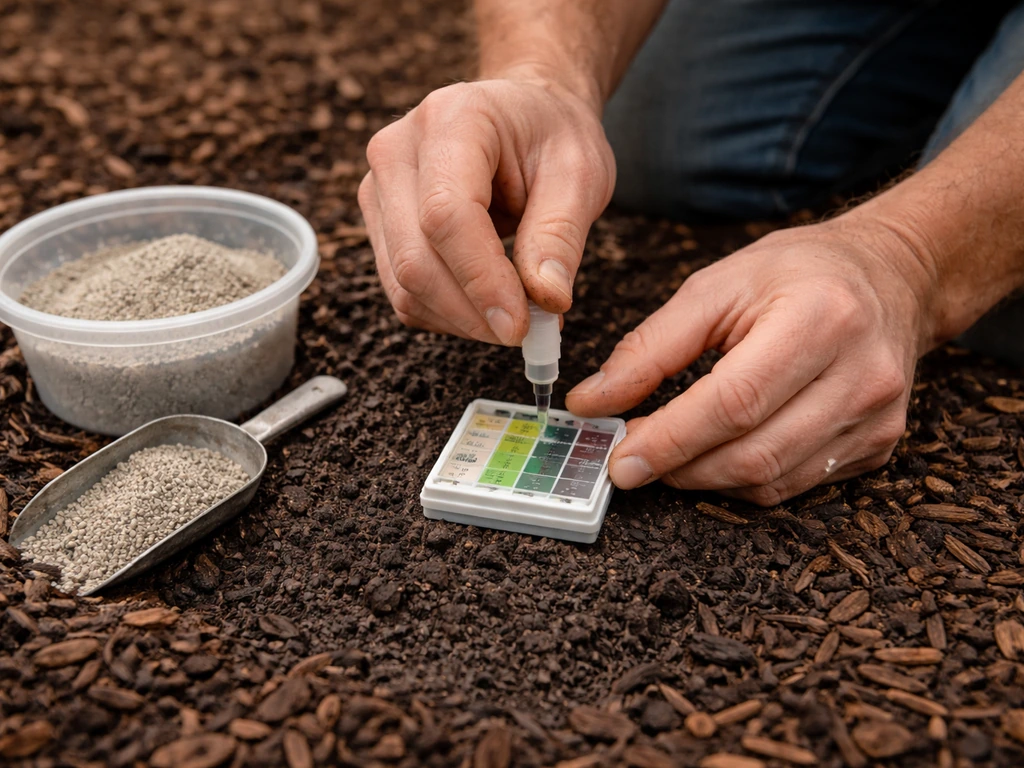 Gardener tests soil acidity with a kit, then adds acidic mulch to keep roots consistently moist.