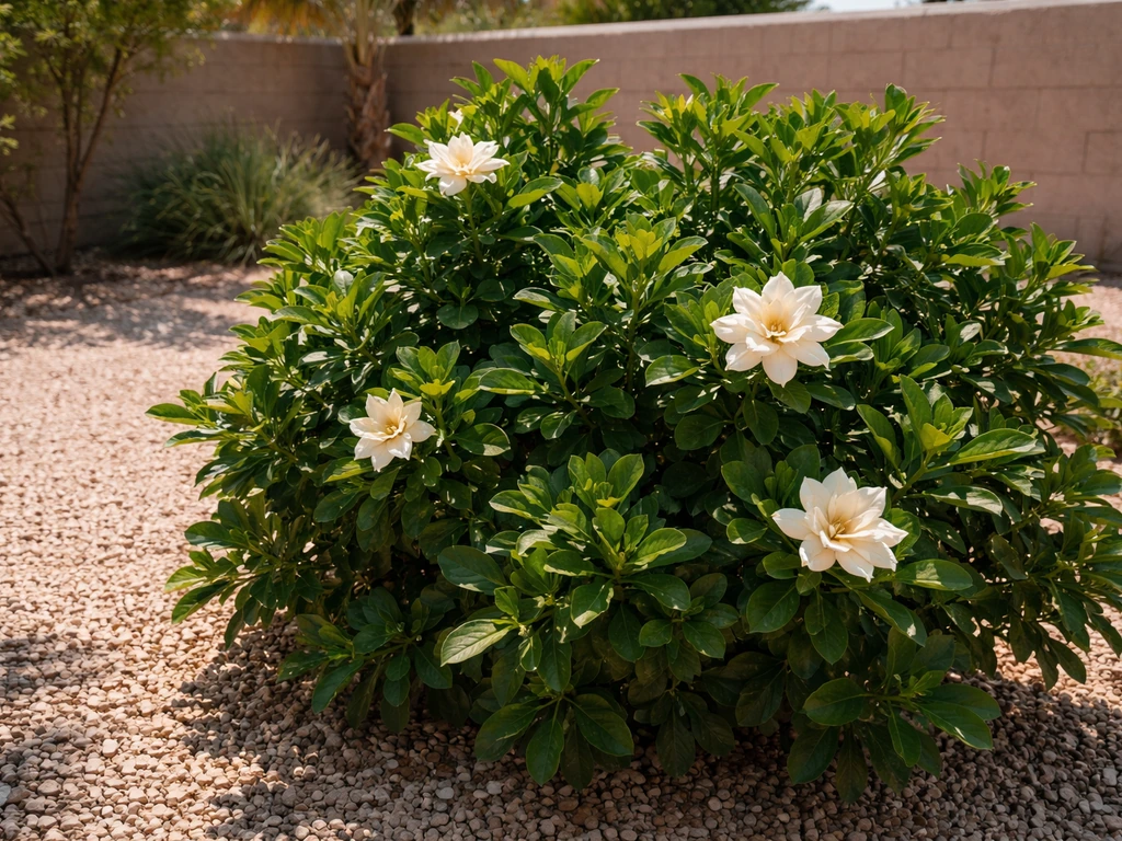 Vibrant gardenia bush with white blossoms in a desert backyard under harsh Las Vegas sunlight.