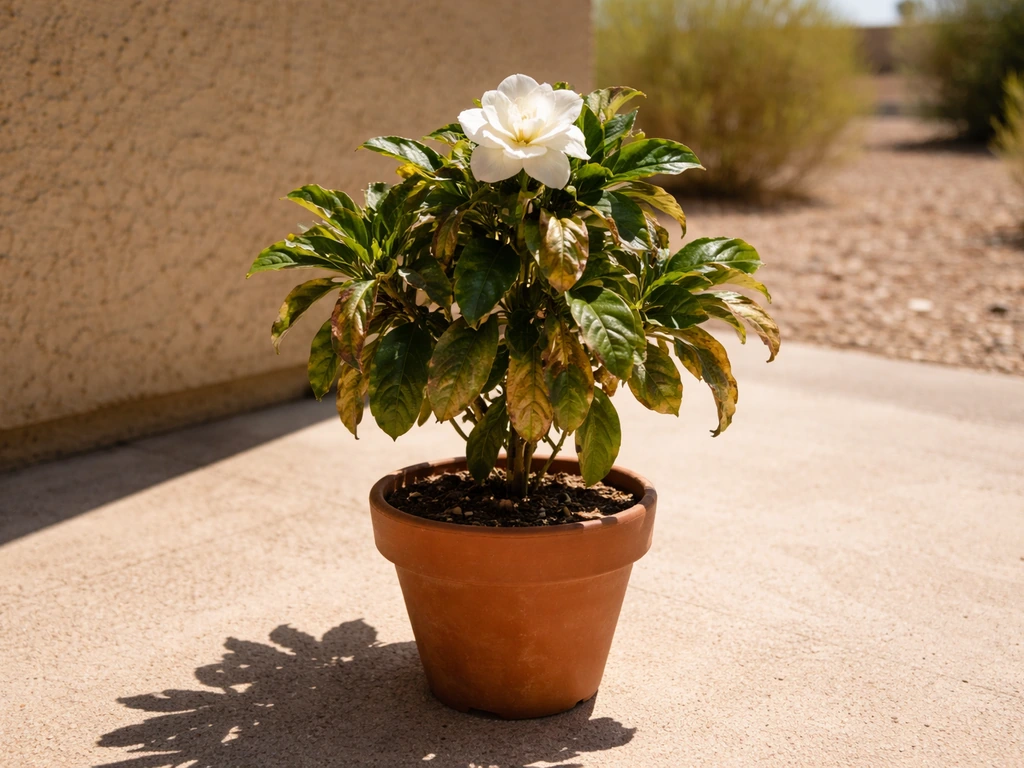 Single potted gardenia on a sunny patio with slightly wilted leaves in harsh desert heat.
