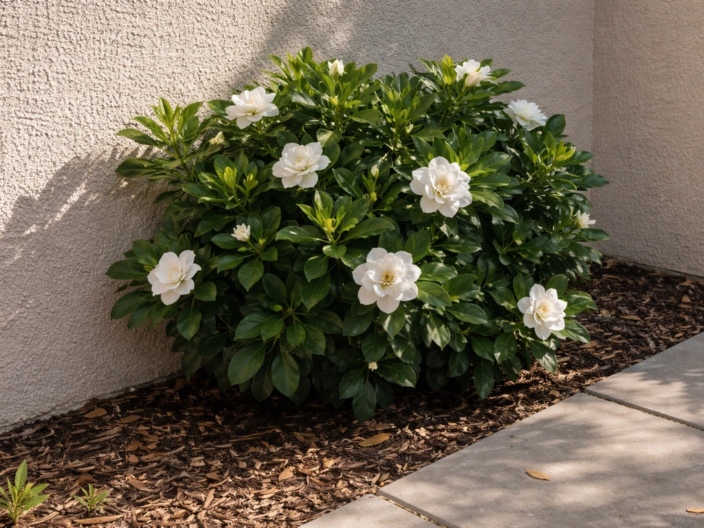 Gardenia shrub in a small patio bed, morning sun filtered by a wall casting afternoon shade.