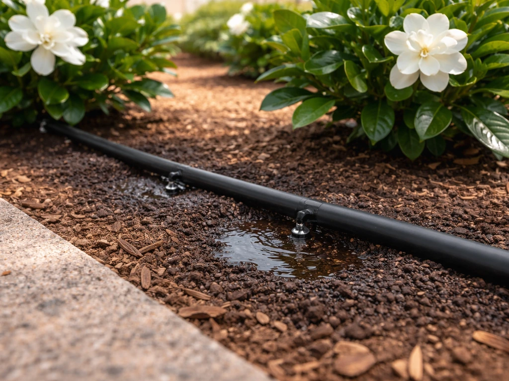 Drip irrigation line near gardenia plants delivering steady water in hot, dry desert garden