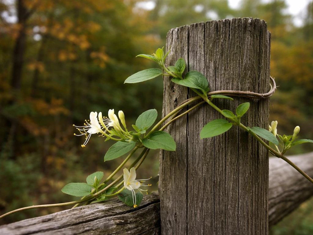 Honeysuckle vine with blossoms growing along a wooden fence in a Michigan wooded yard