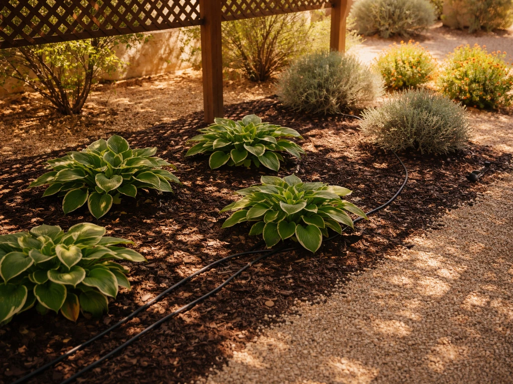Shade-tolerant hostas in a Las Vegas desert garden bed beneath a lattice pergola with drip irrigation visible.
