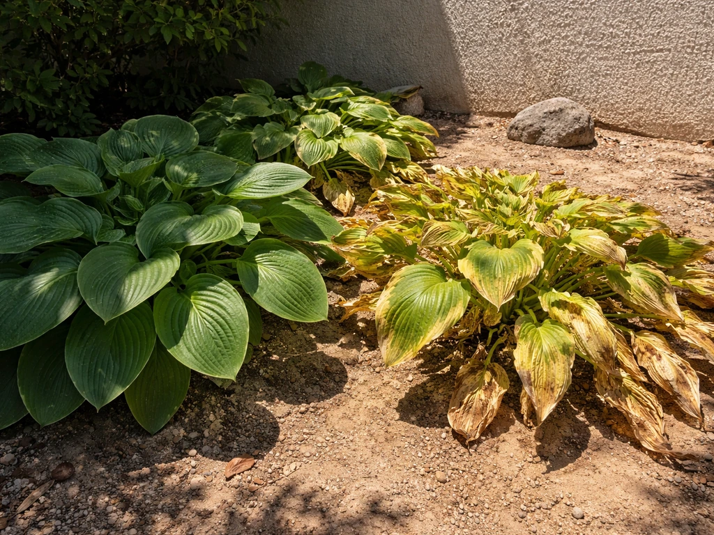 Hosta plants in a small Las Vegas yard showing morning shade vs intense midday sun scorch.