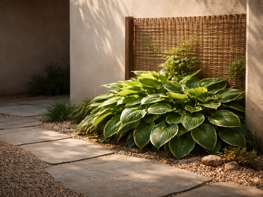 Hostas in a shaded courtyard beside a wall with a small wind-protection screen in desert morning light.