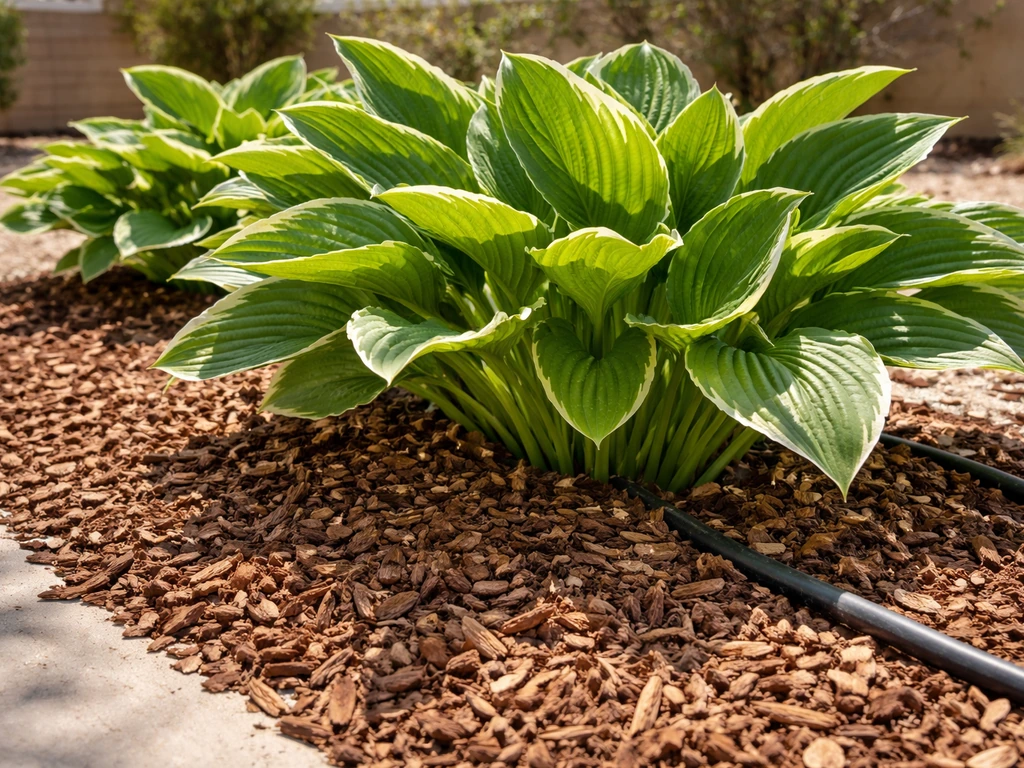 Close-up of hostas surrounded by a thick layer of shredded bark mulch with drip irrigation tubing visible.