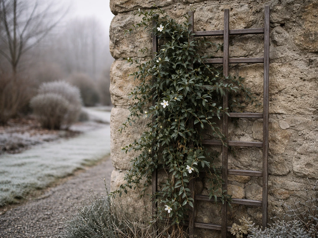 Hardy jasmine vine surviving winter in an Idaho garden near a warm stone wall