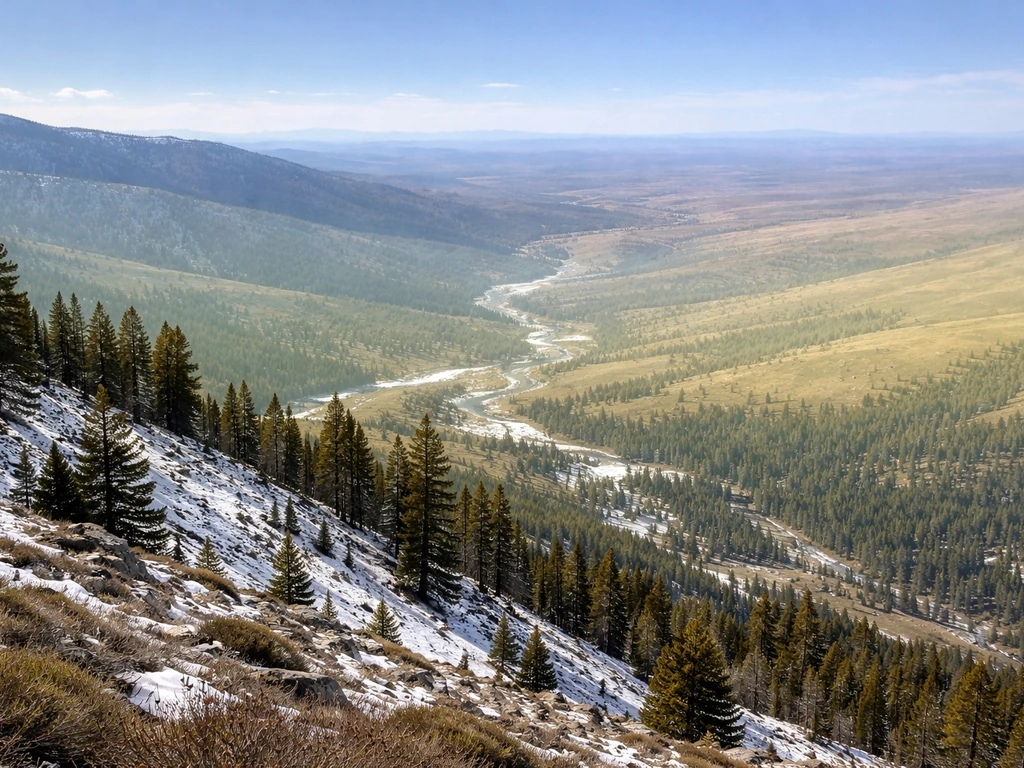 Idaho mountains with snow transitioning to a milder valley, with subtle zone-like color bands overlay.