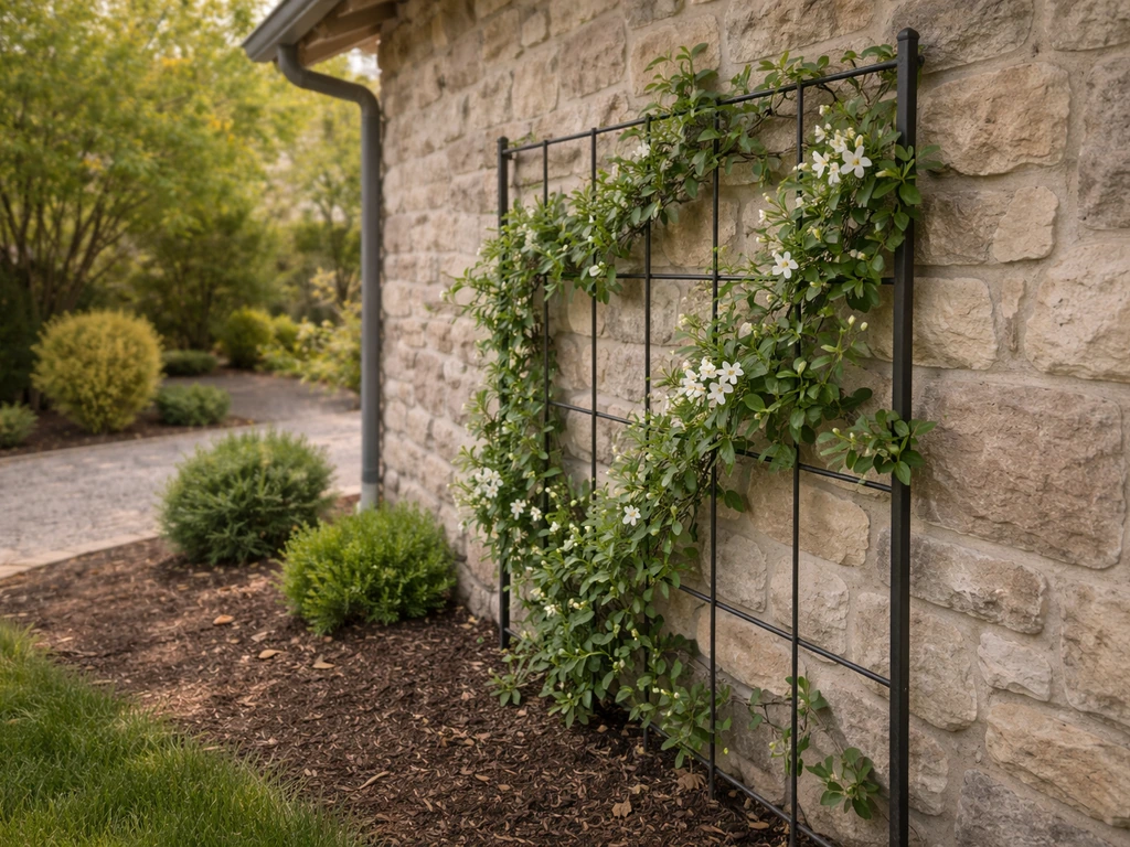 Jasmine vine trained on a trellis beside a stone wall in a Southwest Idaho-style yard