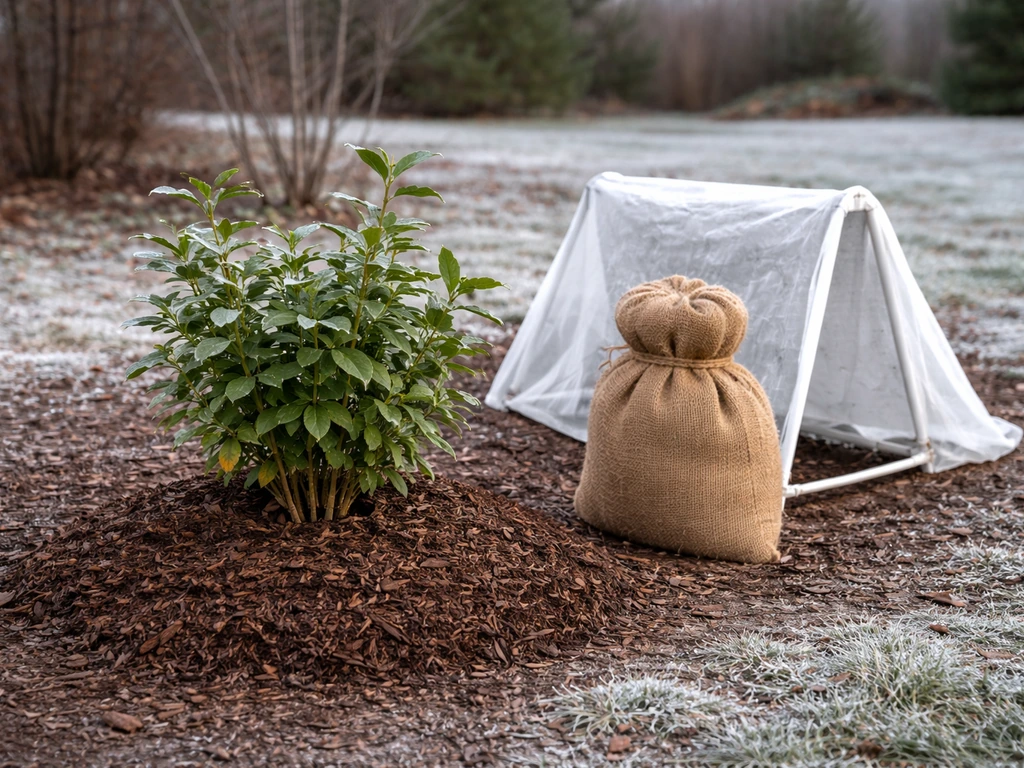 Outdoor jasmine in Idaho with mulch piled at the base and a staged lightweight burlap cover after freeze.