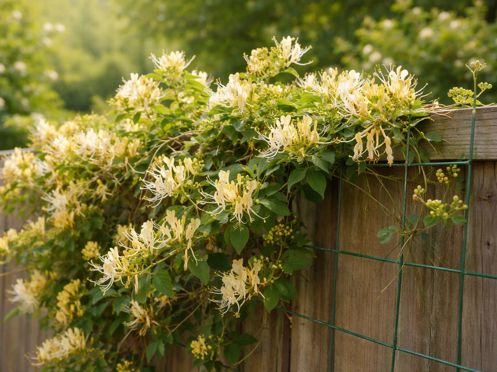 Close view of honeysuckle vine with lots of blossoms and a few forming berries in a home garden.