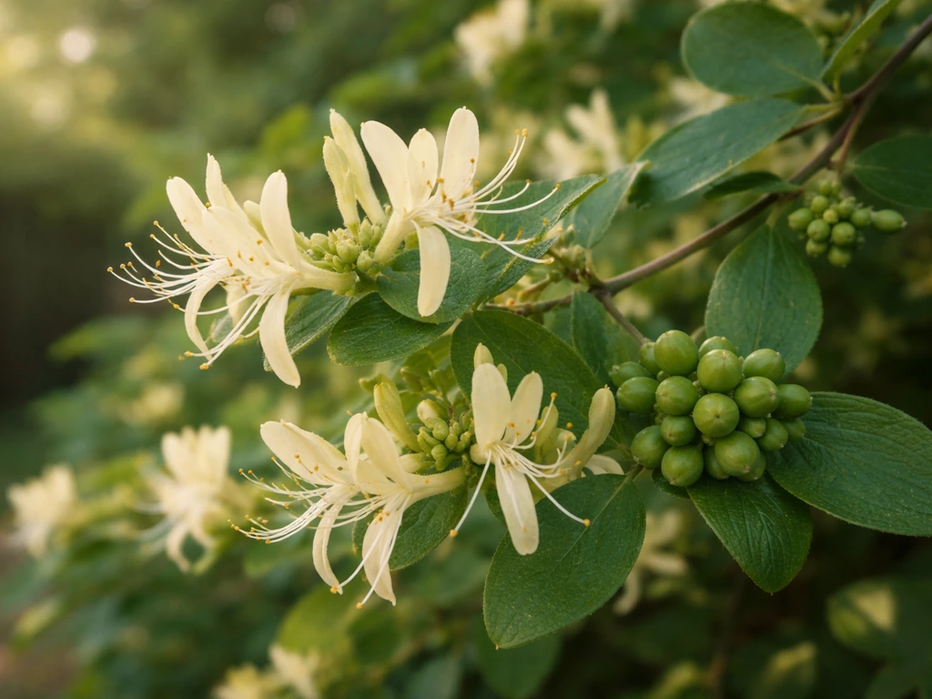 Close-up of honeysuckle vine with blossoms and developing berries in a minimal garden.