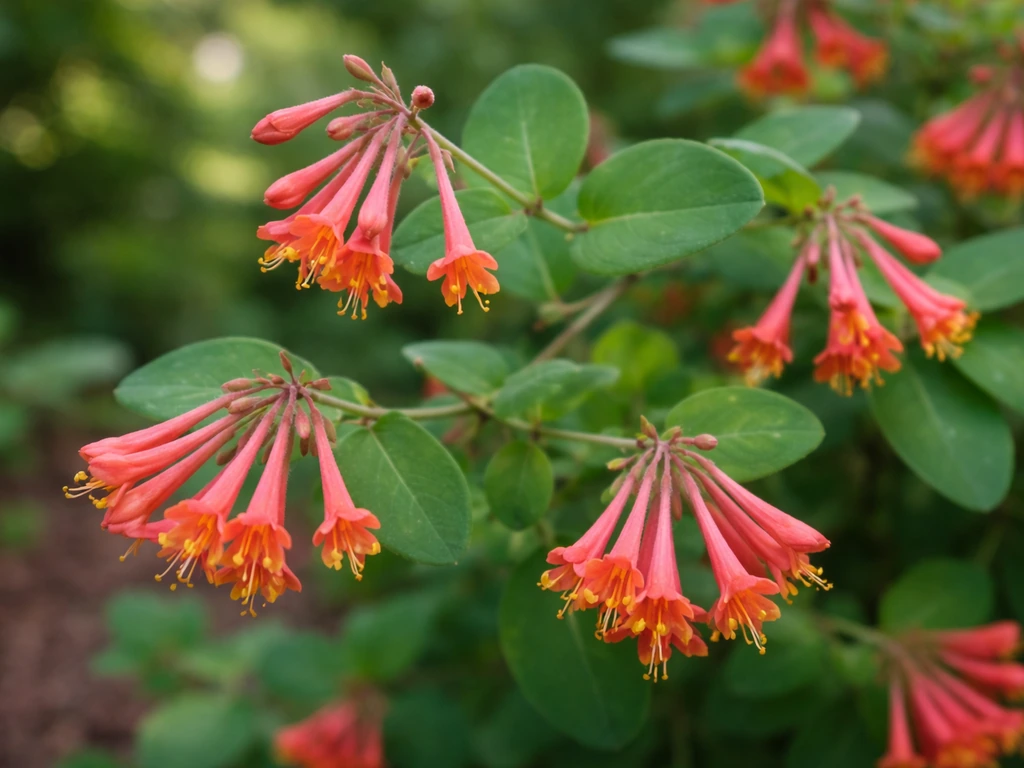 Close-up of coral honeysuckle with visible coral-orange blossoms on a green vine