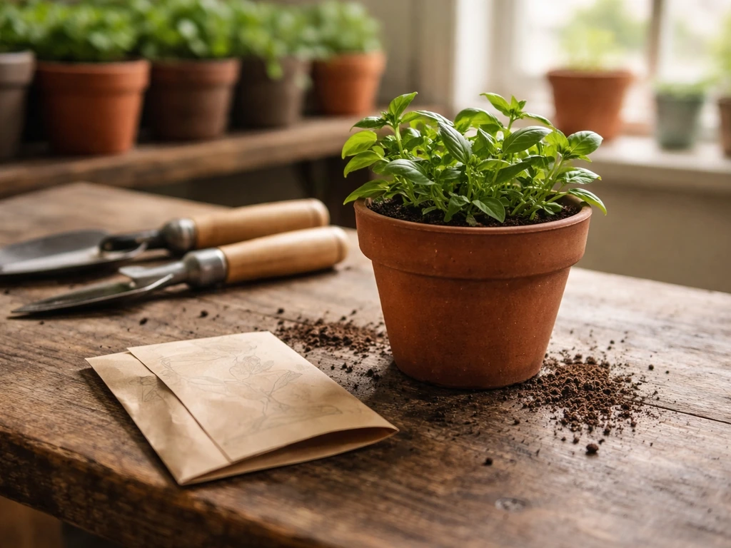Close-up of a healthy plant in a pot on a simple garden bench by a bright window.