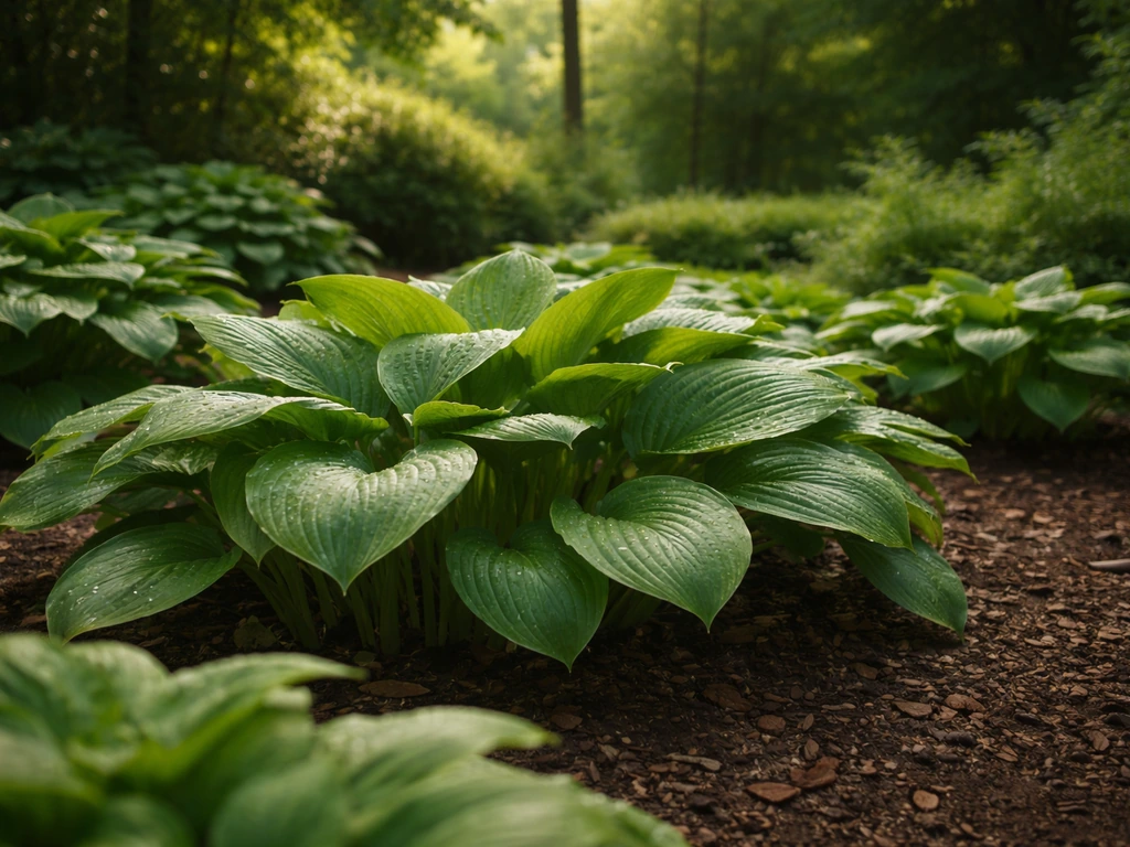 Lush green hostas thriving in a partially shaded outdoor garden with dark soil and mulch.
