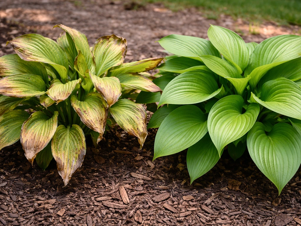 Close-up of a hosta with browned, scorched leaves beside a greener healthy hosta in a garden bed