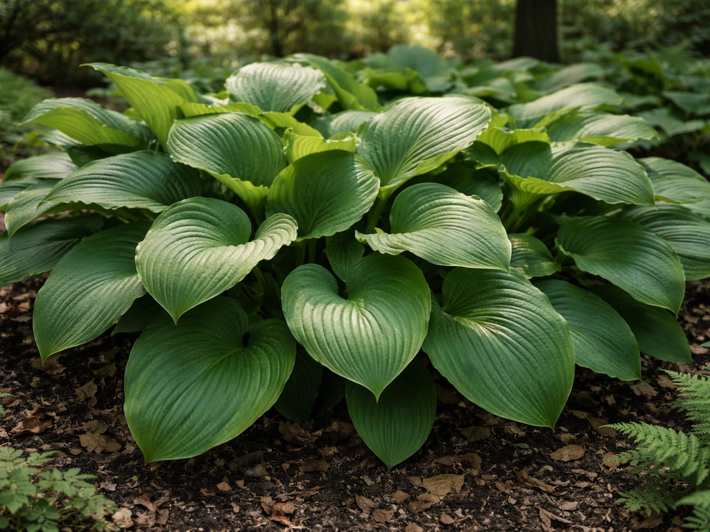 Lush hostas thriving in a Piedmont-style shade garden with dappled sunlight and rich green foliage