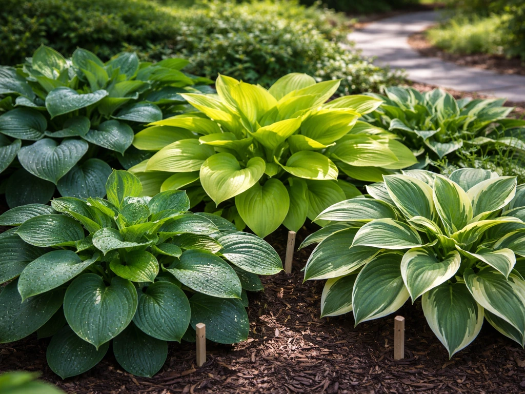 Heat-tolerant hosta cultivars with contrasting leaf textures growing in a North Carolina garden