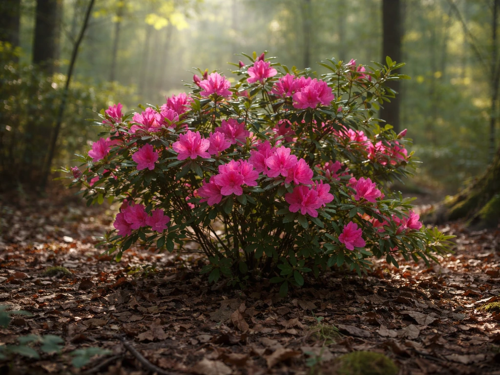 Vivid pink azalea blooms in a shaded woodland understory with dappled sunlight.