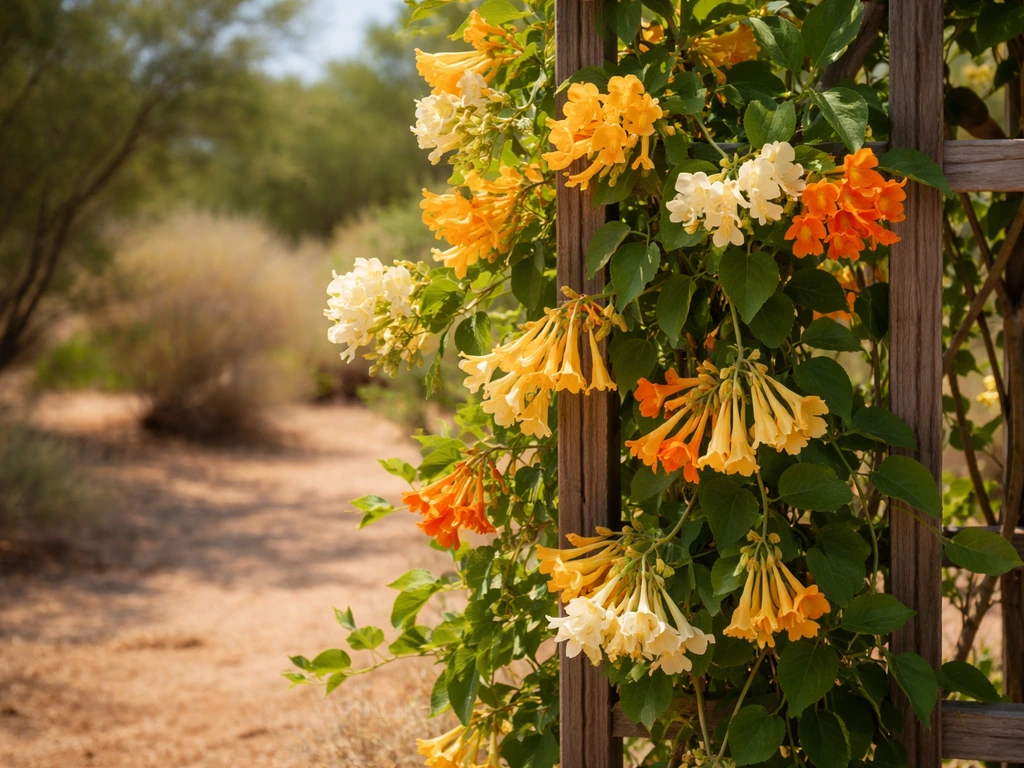 Vivid honeysuckle blossoms on a trellis with an Arizona desert backyard backdrop in natural sunlight.