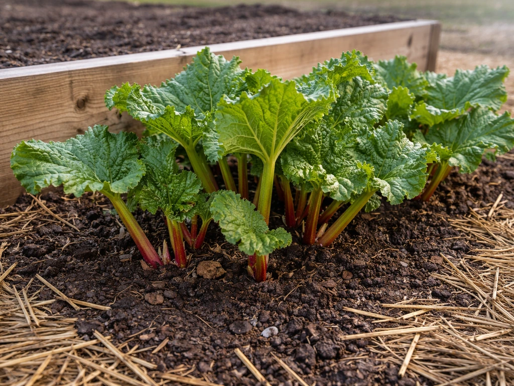 Rhubarb plants in an early-spring Virginia garden bed with thick green stalks and cool-season soil.