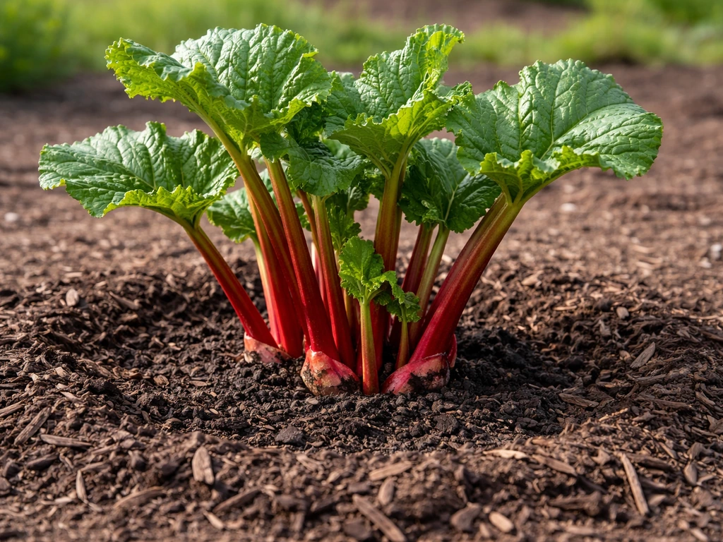 Thick-crowned rhubarb plant with healthy stalks and mulch in a sunny garden bed.