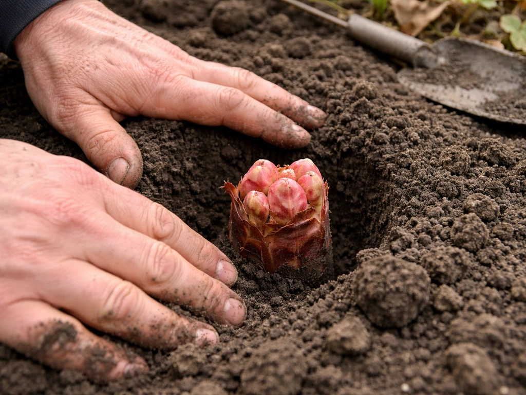 Hands placing a rhubarb crown into a small hole in workable early-spring soil, buds just covered.