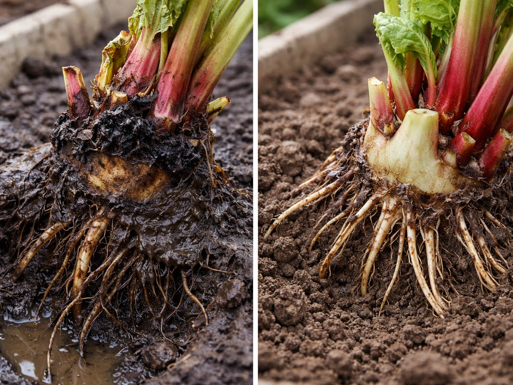 Close-up comparison of rotting rhubarb crown in wet soil versus healthy crown in clean, well-drained soil.