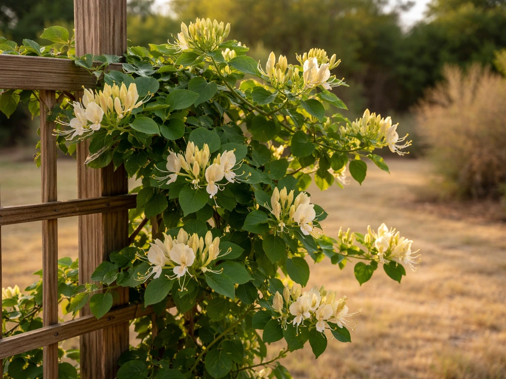 Lush honeysuckle vine with blooming flowers climbing a wooden trellis in a Texas backyard