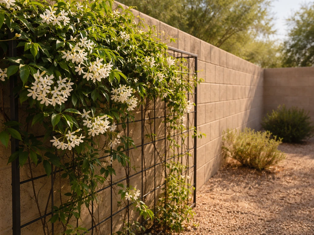Star jasmine vine with small white blooms on a trellis in a Las Vegas desert backyard.
