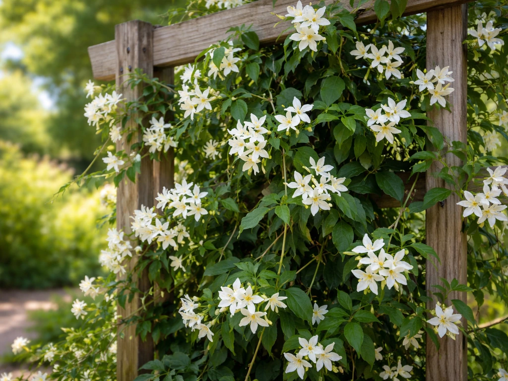 Star jasmine vines with white star-shaped blooms climbing a trellis in a bright California garden