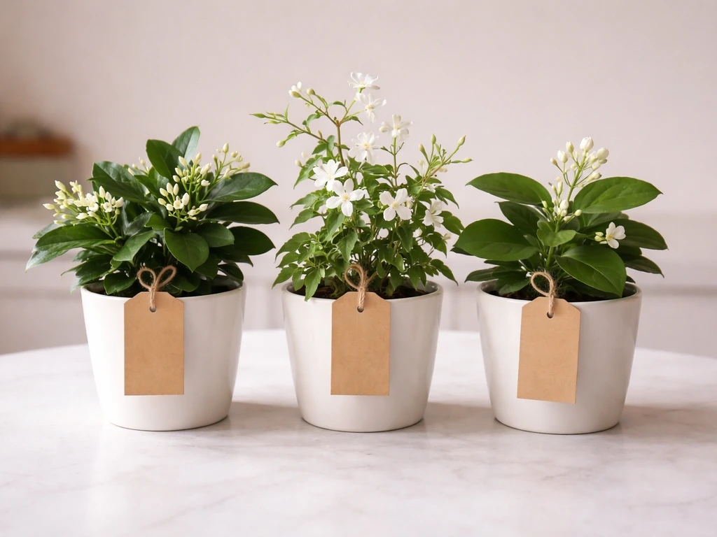 Three different potted jasmine-like plants on a table with blank tag markers for visual comparison.