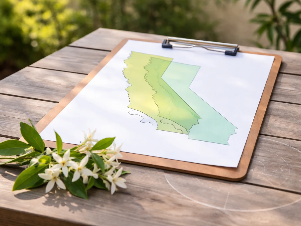 Clipboard with overlapping translucent green overlays over a California outline, with star jasmine flowers in front.