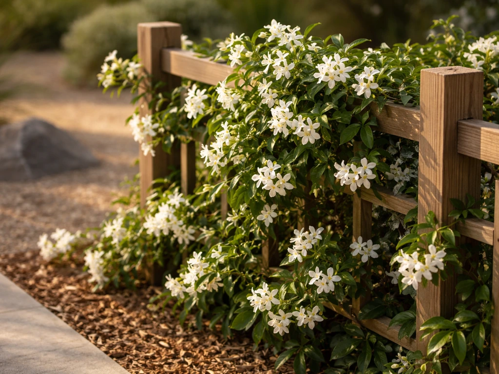 Star jasmine with glossy evergreen leaves and white star-shaped blooms climbing a trellis in a California garden