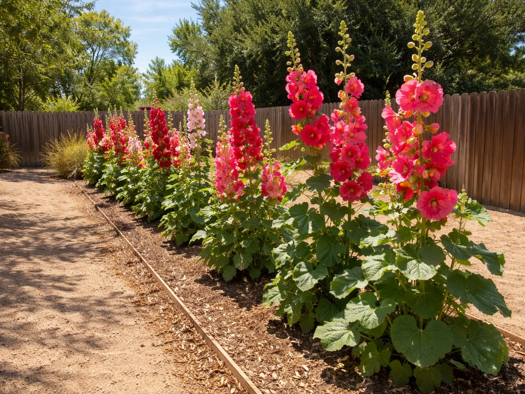 Pink hollyhocks blooming in a sunny Texas yard with warm, dry landscaping and strong sunlight.