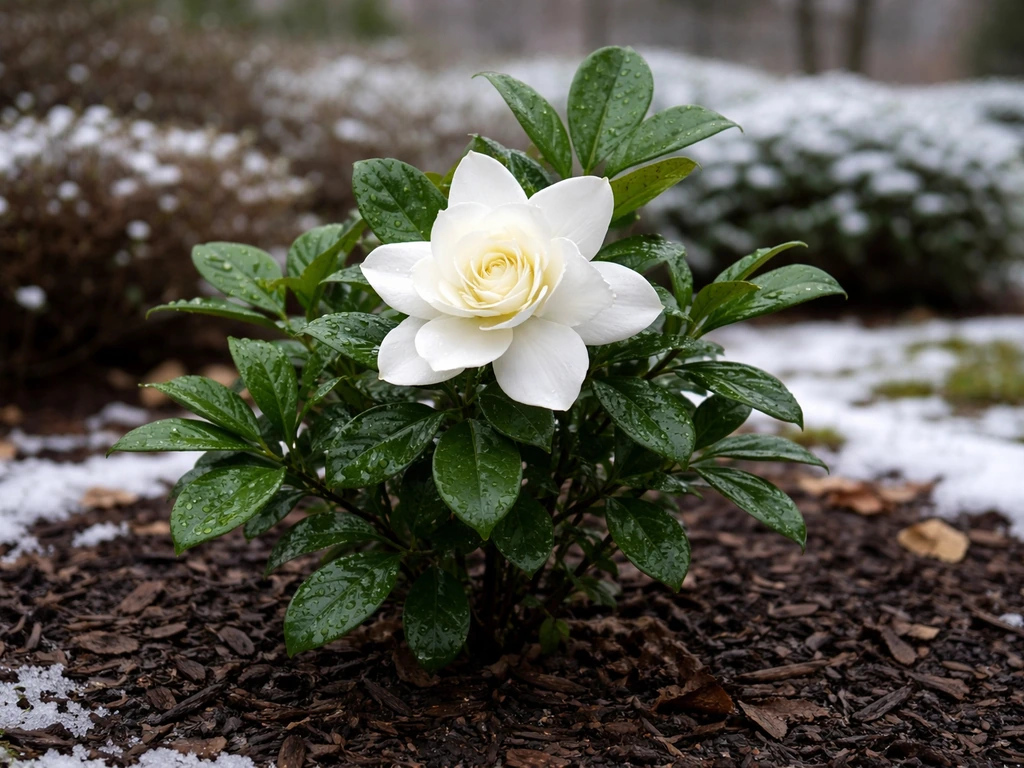 Close-up of a blooming gardenia shrub in a Connecticut-style garden with mulch and light snow.