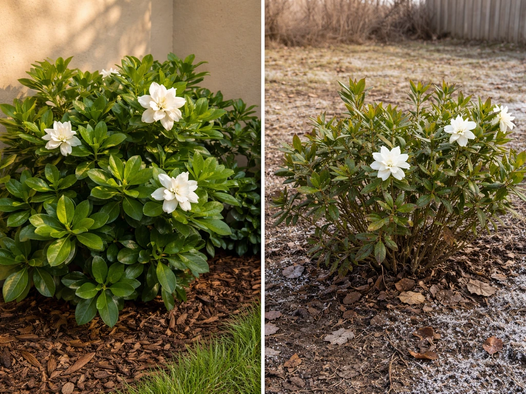 Split view of a thriving gardenia in sheltered warm conditions versus a struggling one in exposed colder yard.