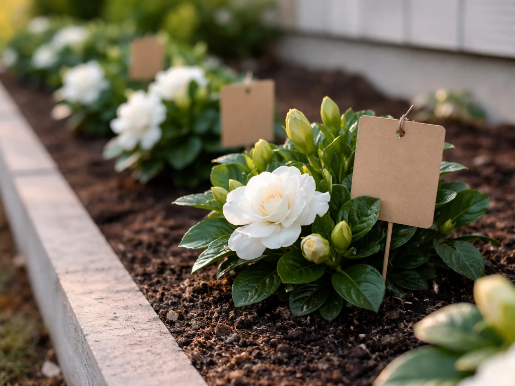 Close-up lineup of compact gardenia plants in a backyard planter with plain tags beside them.