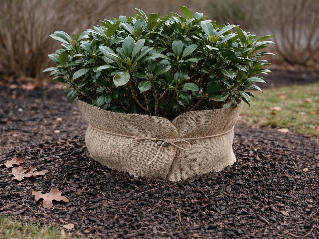 Gardenia shrub wrapped in burlap with deep mulch after the first hard freeze in late fall