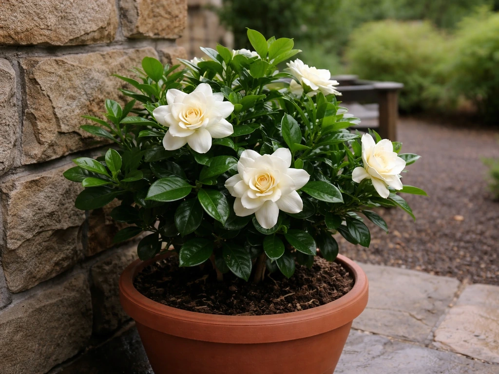 White gardenia blossoms in a sheltered Washington patio setting with lush greenery and soft natural light.