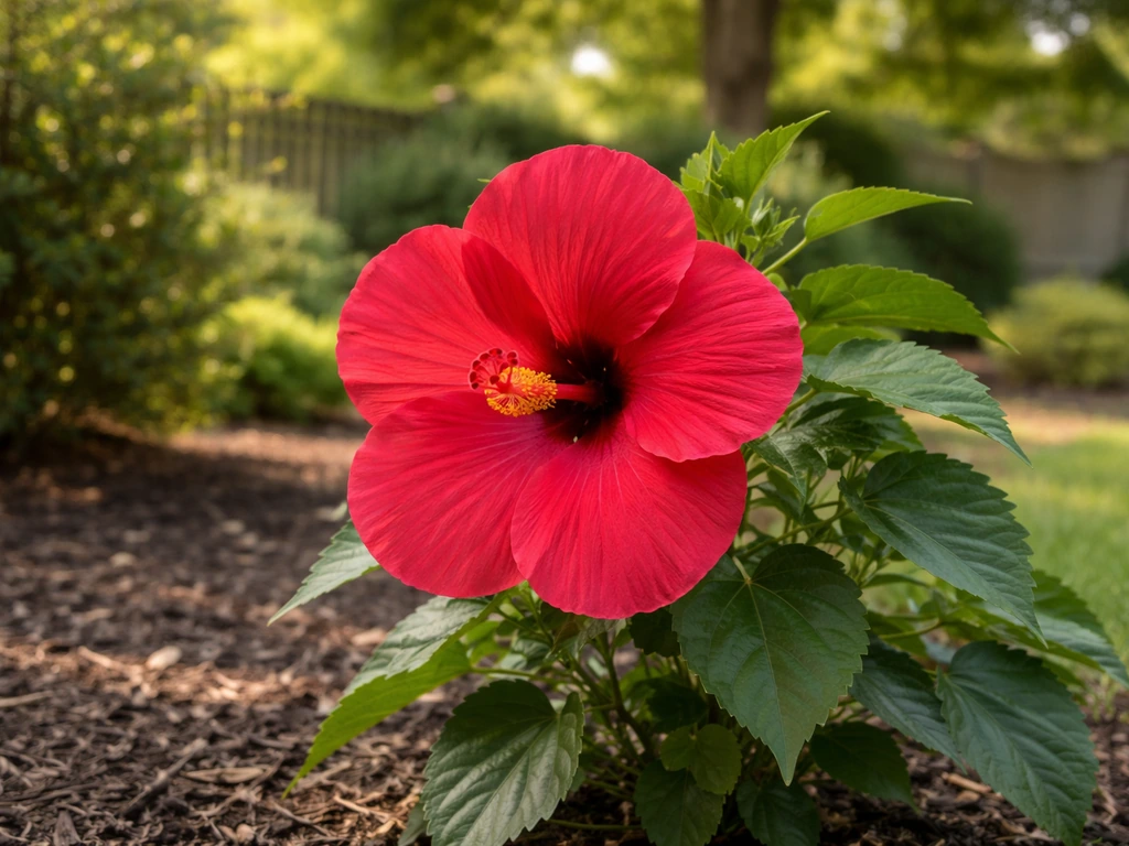 A vivid red hibiscus in full bloom in a New York/NJ garden with lush greenery in the background.