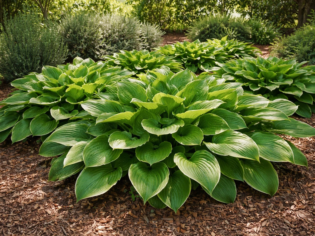 Lush hosta bed in a sunny-but-shaded California garden with Mediterranean landscaping and thriving green leaves.