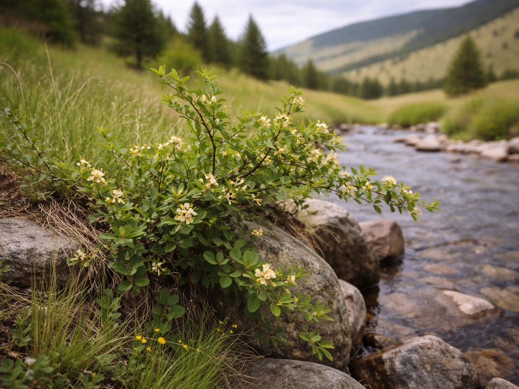 Native-style honeysuckle shrub growing along a natural rocky edge in a Montana valley.